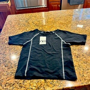 Zara Black T-Shirt with White Accents, New with tags size small